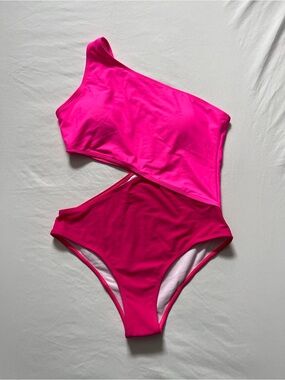 One-Shoulder Two-Tone Pink One-Piece Swimsuit with Cut Out.